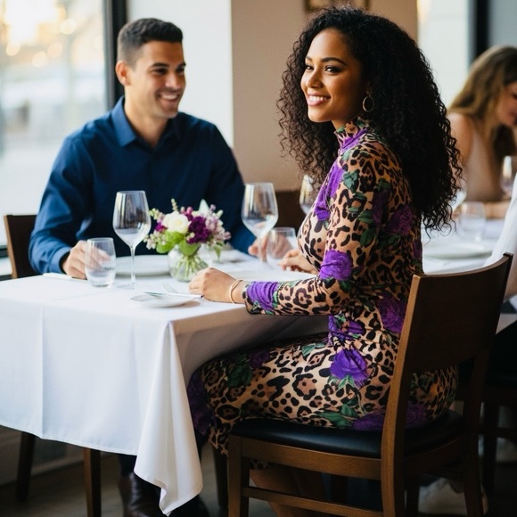 DRESS: Purple Floral w/Green Leaves & Cheetah, High Neck, & Long Sleeves, NWOT - Picture 6 of 6